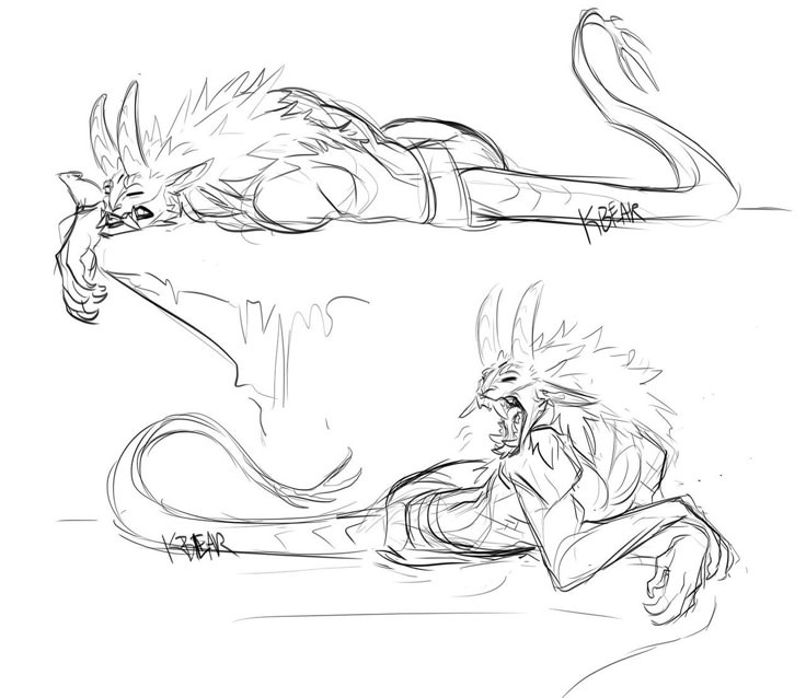 the image contains two sketches of a mythical creature, likely a monster or a hybrid of feline and canine features. the creature in the top sketch is lying down, seemingly asleep or resting, with its head resting on one of its paws. the creature in the bottom sketch is also lying down, but it is depicted with its mouth open, possibly roaring or snarling. both sketches show the creature with long ears, a tail, and a furry mane. the sketches are done in a rough style, with visible pencil lines.