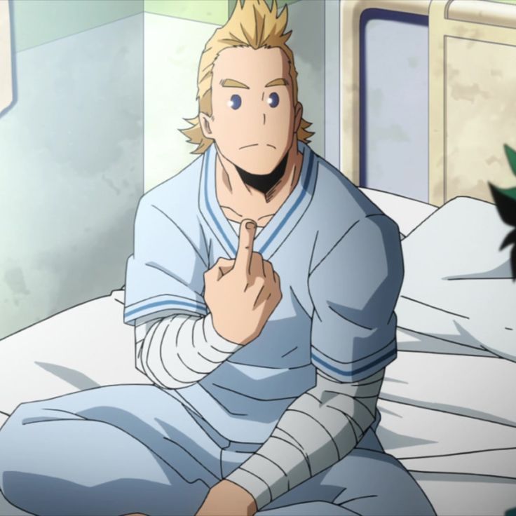 the image shows a male anime character sitting on a hospital bed in a blue and white striped shirt with bandages on his arms. he has blond hair and blue eyes and is looking directly at the viewer with a serious expression, giving a middle finger. the background is a hospital room with a white bed and a blurred green object in the background.