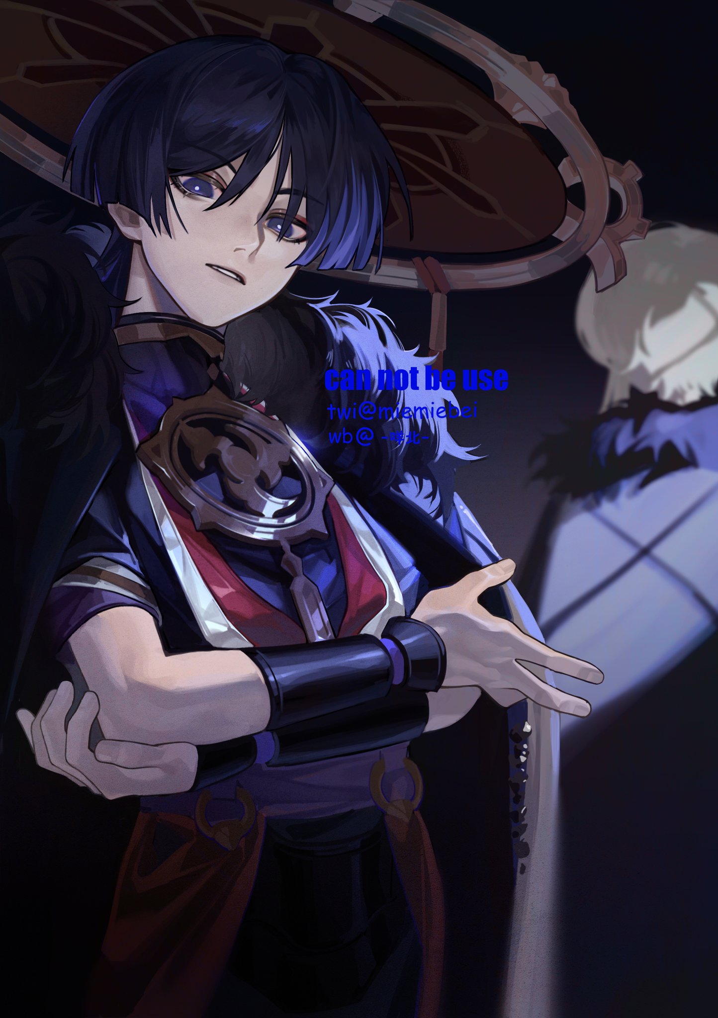 a digital illustration of an anime male character with blue hair and black eyes, wearing a dark cloak and holding a weapon. he stands against a dark, shadowy background, creating a mysterious and menacing atmosphere. the image is drawn in a highly detailed style, with intricate details in the character's clothing and weapon. the dark colors and shadowy lighting add to the overall sense of mystery and intrigue.