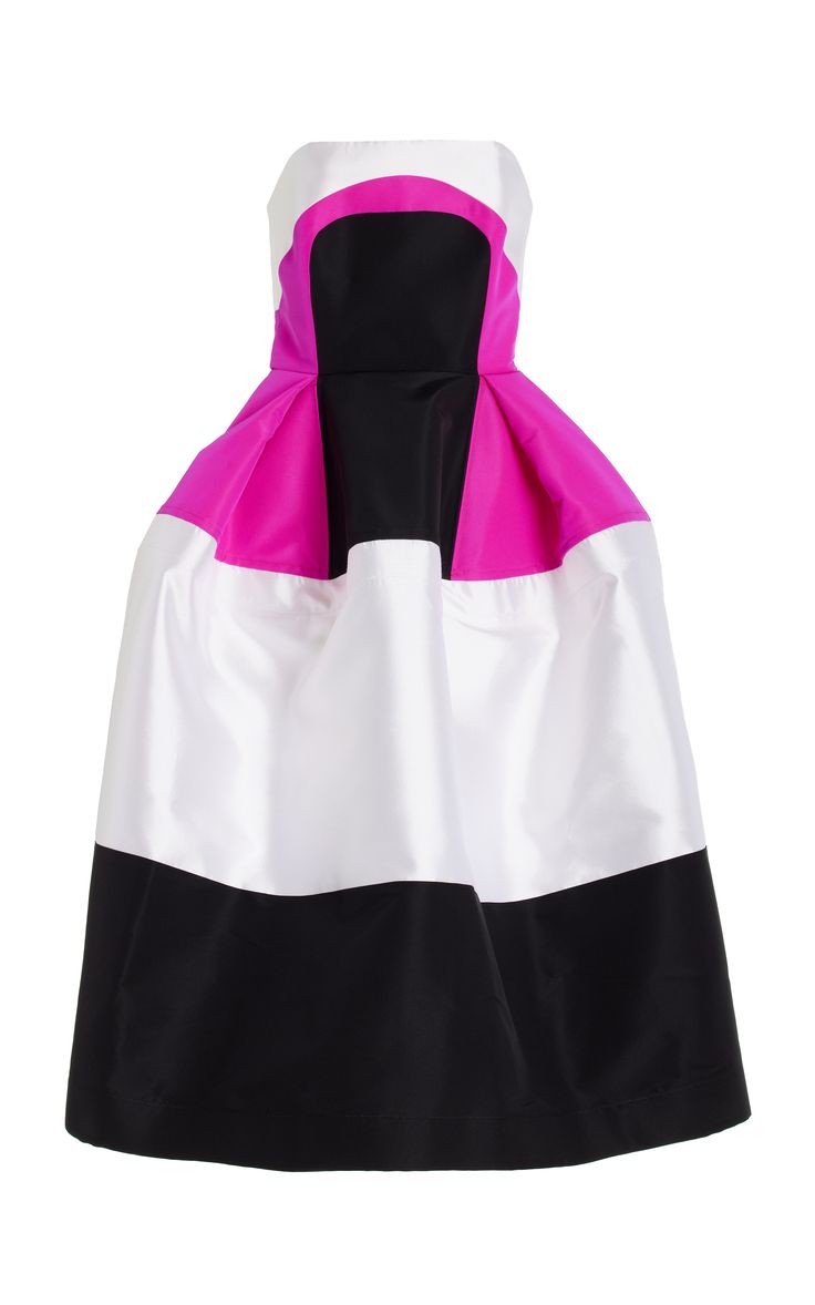 this is a women's strapless dress that is black, white, and pink. the dress is cut in a way that makes it look like it's made up of 4 horizontal stripes with the top stripe being pink and black and the bottom stripe being black. it has a full skirt that flares out from the bodice. the dress is suitable for evening events like cocktail parties, proms, and weddings.