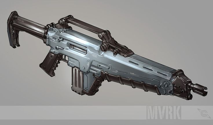 an illustration of a futuristiclooking rifle. it has a metallic gray body with a black stock, handle, and other components. the rifle features a magazine, sight, and a distinctive muzzle. the design appears to be a blend of modern and futuristic elements.