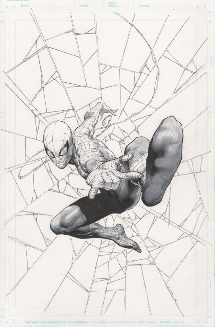 this is a black and white drawing of spiderman in action. he is swinging through the air, his web shooters firing. the drawing is very detailed, and it captures the dynamic energy of spiderman. the web is rendered in a way that suggests motion. the drawing is done in a style that is reminiscent of comic book art.
