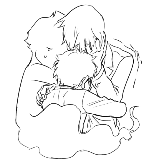 the image is a black and white sketch of three people hugging. one person in the middle is crying and being comforted by the other two. the person on the left is also holding onto the person in the middle. the overall mood of the image is one of sadness and support.