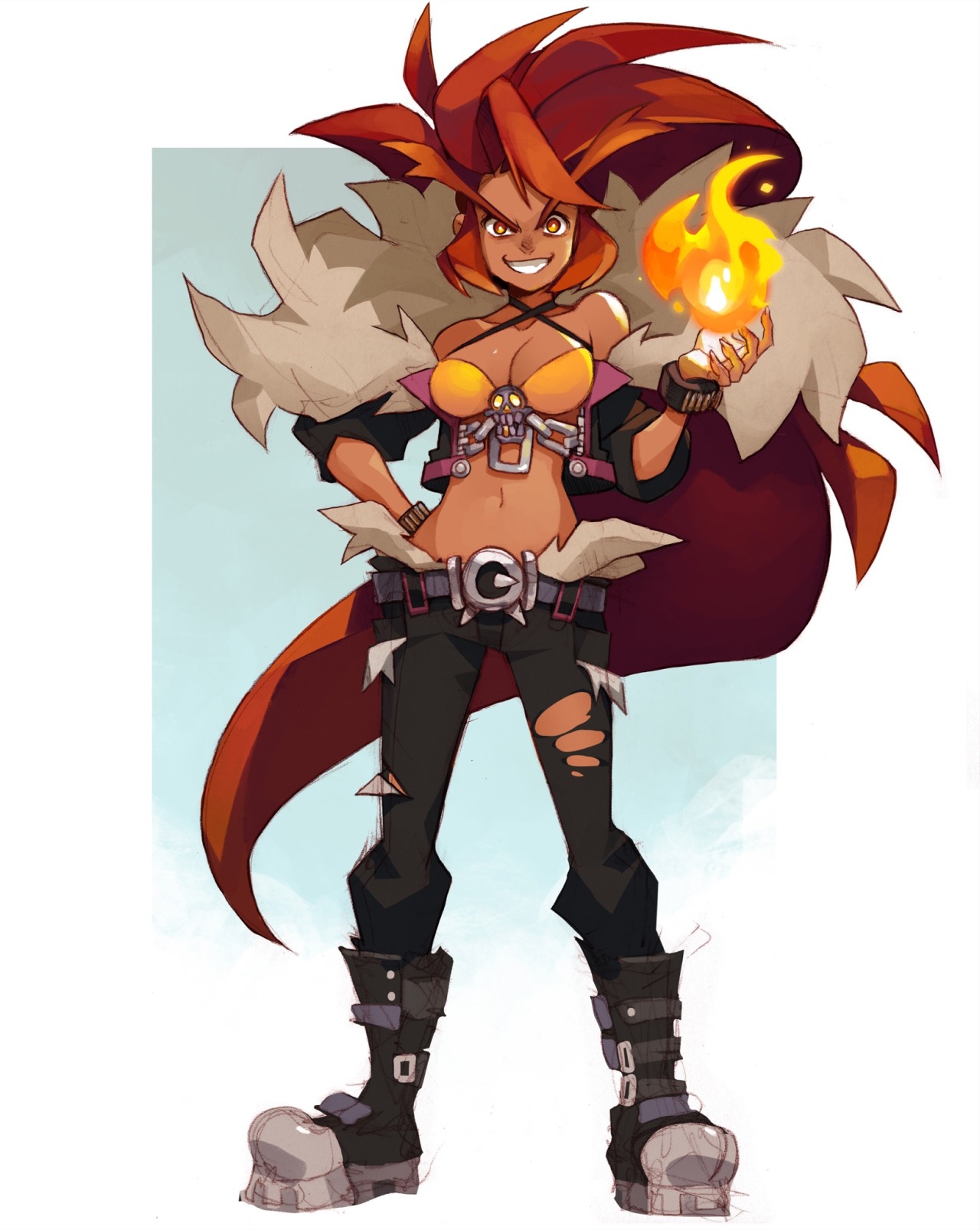 the image showcases a fierce female character with vibrant red hair styled in a dynamic upward sweep. she exudes confidence, standing with her hand on her hip, a sly grin on her face, and a small flame dancing on her open palm. her attire speaks to a fiery and rebellious spirit with a  skulladorned top, ripped jeans, and sturdy boots. she is framed against a simple background that allows her fiery presence to take center stage.