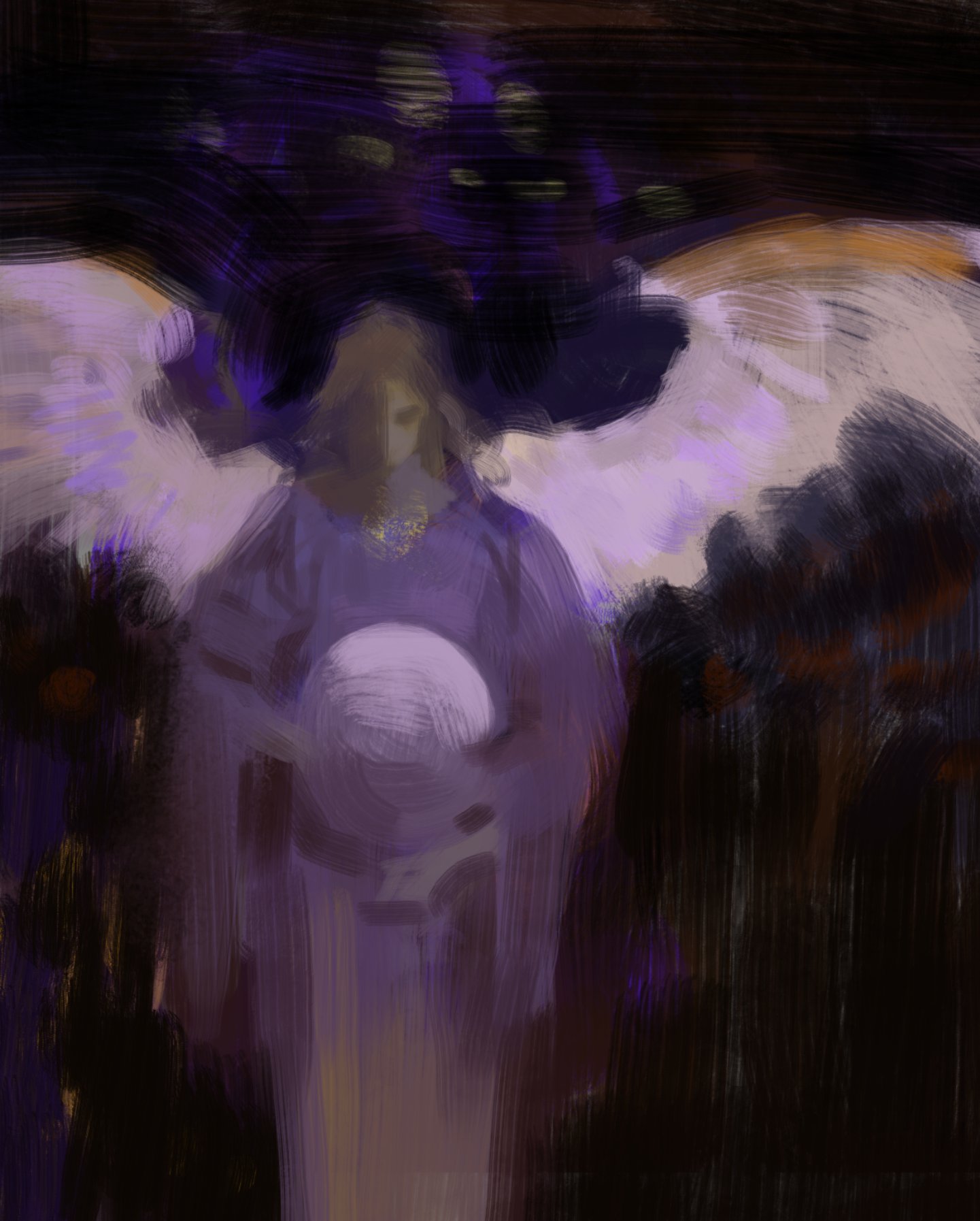 a woman with a halo, wings, and a mysterious aura stands with her head tilted down and her hands gently cradling an orb in her lap.  the setting is dark and shadowy, which emphasizes the woman's ethereal presence. she is clothed in a long, flowing robe that appears to shimmer with a soft light, possibly the same energy as the orb she holds. the overall mood of the image is mysterious and mystical, with a sense of power and wonder radiating from the woman.