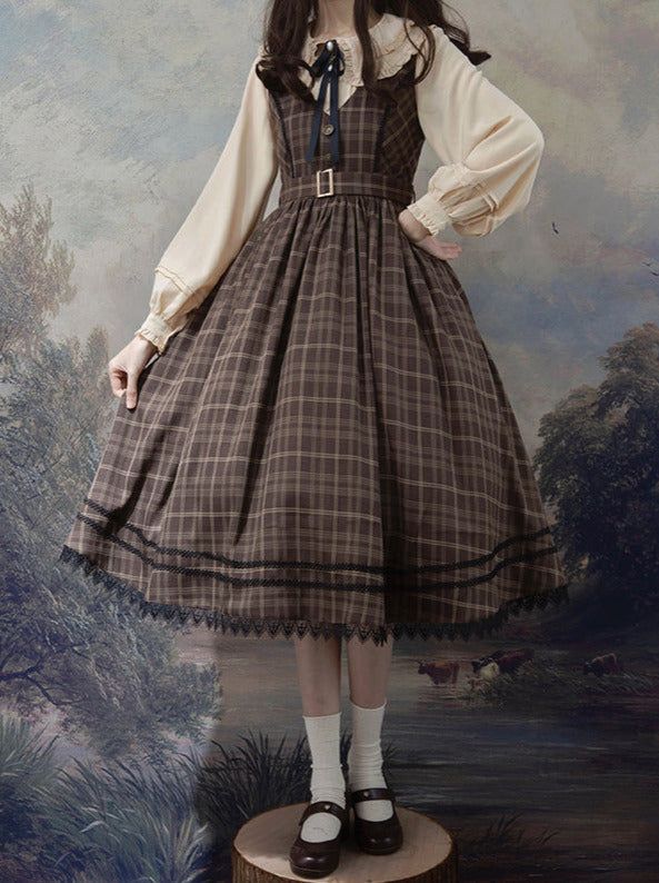 a young woman poses gracefully in a vintageinspired outfit against a pastoral backdrop. she wears a brown plaid dress featuring a belted waist, delicate lace trim, and a flowing skirt. a creamcolored blouse with puffed sleeves adds a touch of romance to the ensemble. the soft lighting and natural setting enhance the overall elegance and charm of the image.