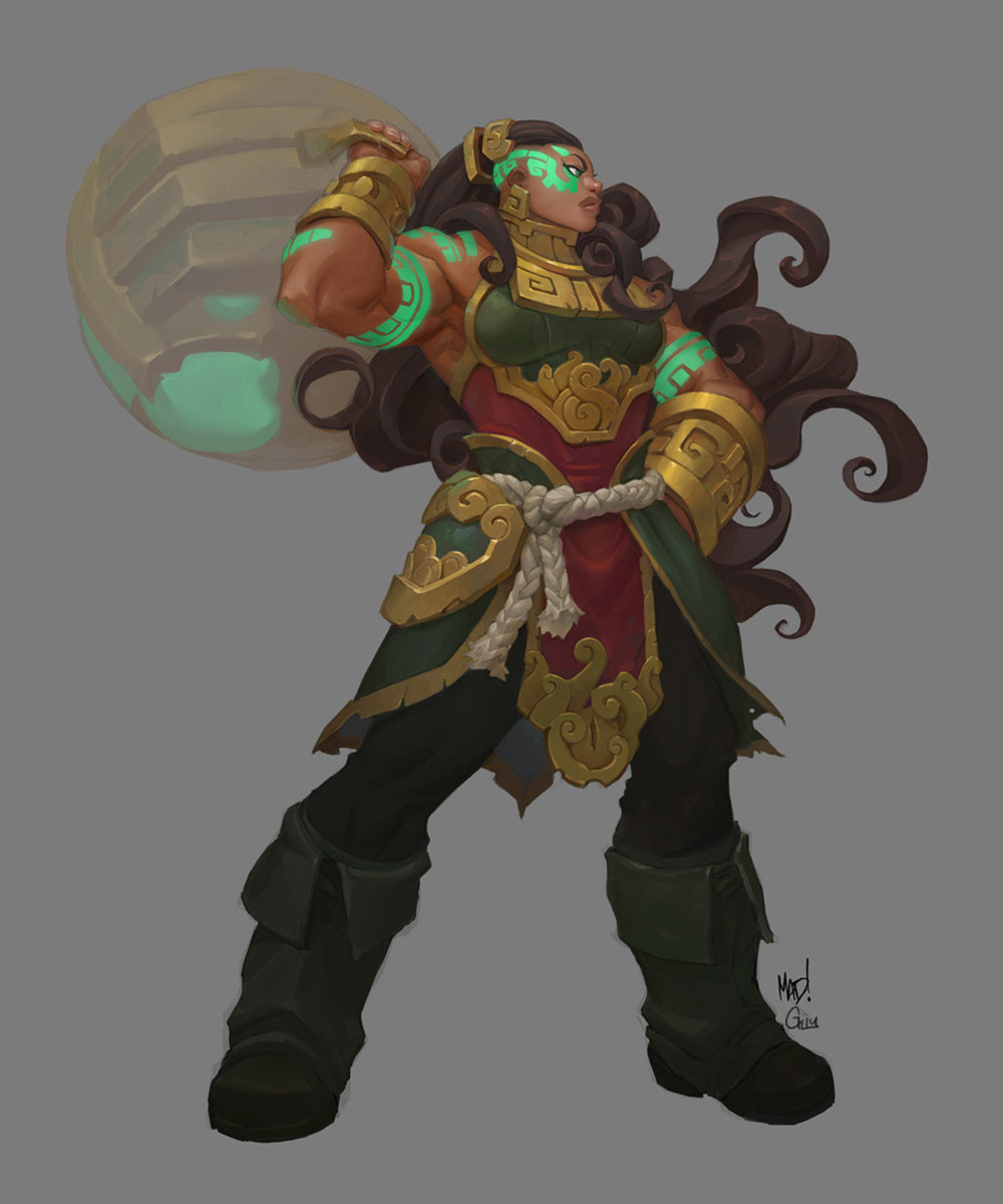 a digital illustration of a female warrior. she has brown skin, brown hair, and is wearing ornate green and gold armor. she is holding a large round stone shield that is glowing green. her eyes are focused and determined. the background is a simple grey.