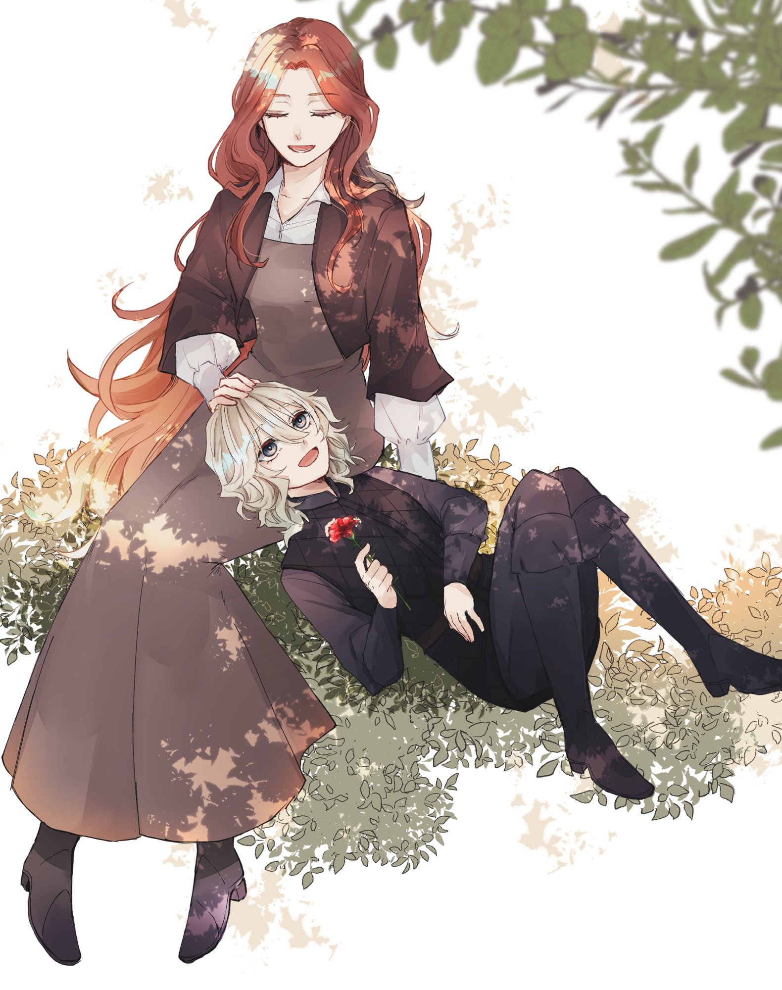 the image is a beautiful illustration of two anime girls in a forest setting. the girl on the left has long red hair and is wearing a brown dress with a white collar. she is sitting and has her arm around the girl on the right. the girl on the right has blonde hair and is wearing black clothes. she is lying down and looking up at the girl on the left. the two girls are smiling at each other and appear to be very close. the background of the image is a soft green and white, with leaves and flowers scattered throughout. the overall feel of the image is one of love, affection, and gentleness.