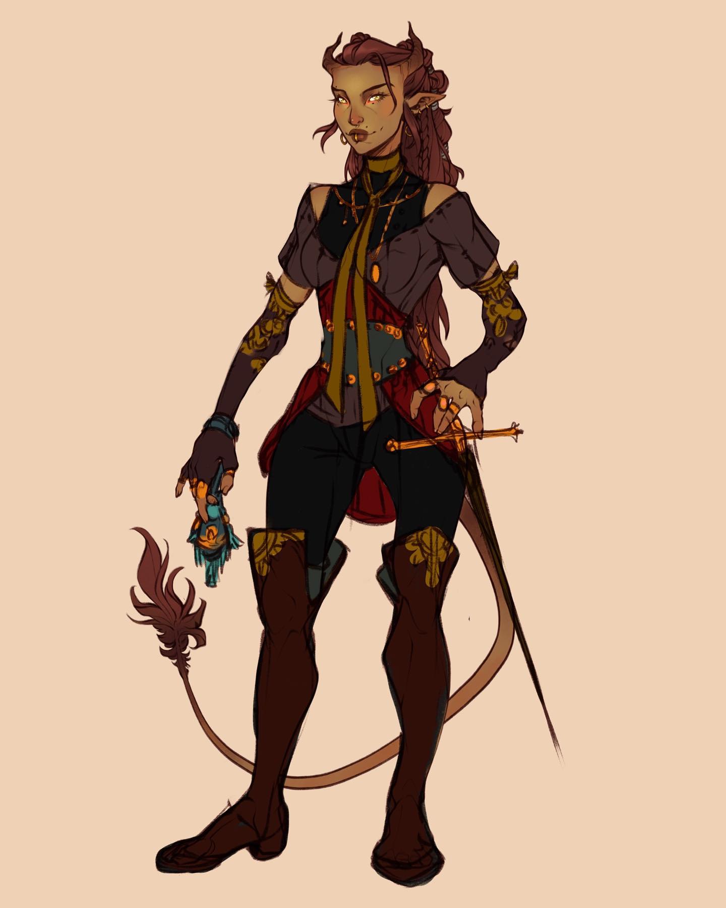 he image is a digital painting of a female tiefling character. she has reddishbrown hair, horns, and green skin. she is dressed in a steampunkinspired outfit consisting of a dark jacket with red accents, a corset, and tall boots. she carries a dagger and has a long tail. the style is fantasy and the character appears confident and elegant. the background is a simple beige color, allowing the character to stand out.