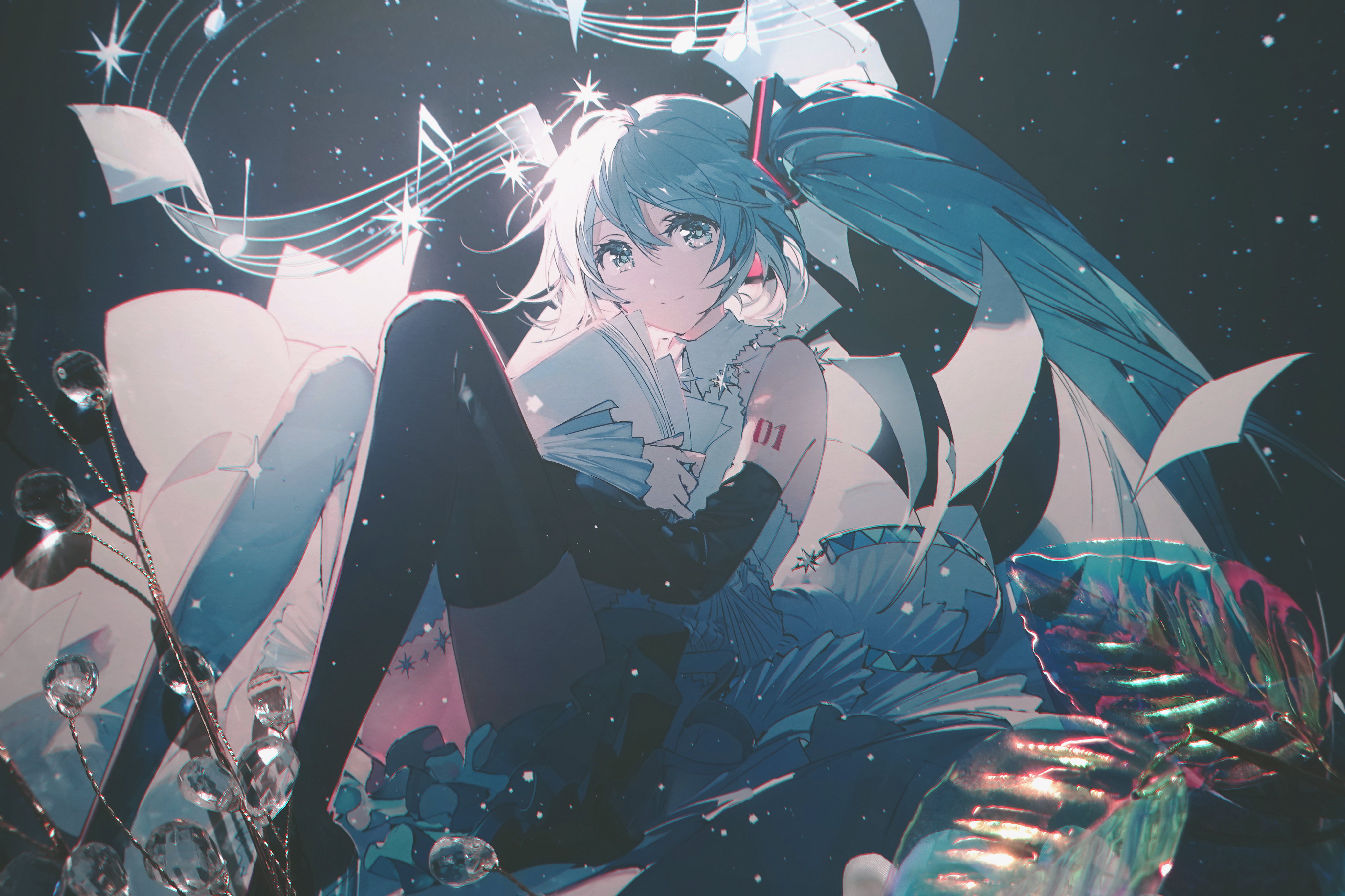 the image features a digital illustration of hatsune miku, an animestyle character with long, blue twin tails and blue eyes. she is depicted sitting down, holding a book in her hands. she is wearing a dress and has a tattoo of the number "01" on her arm. the background includes musical notes, stars, flowers, and crystallike objects, creating a dreamy and magical atmosphere.