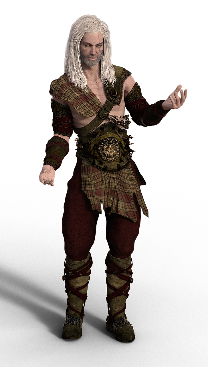 a fullbody digital rendering of a male warrior character with long white hair and a beard, wearing a scottishstyle kilt, belt, tunic, sleeves, and boots, in a fantasy setting.