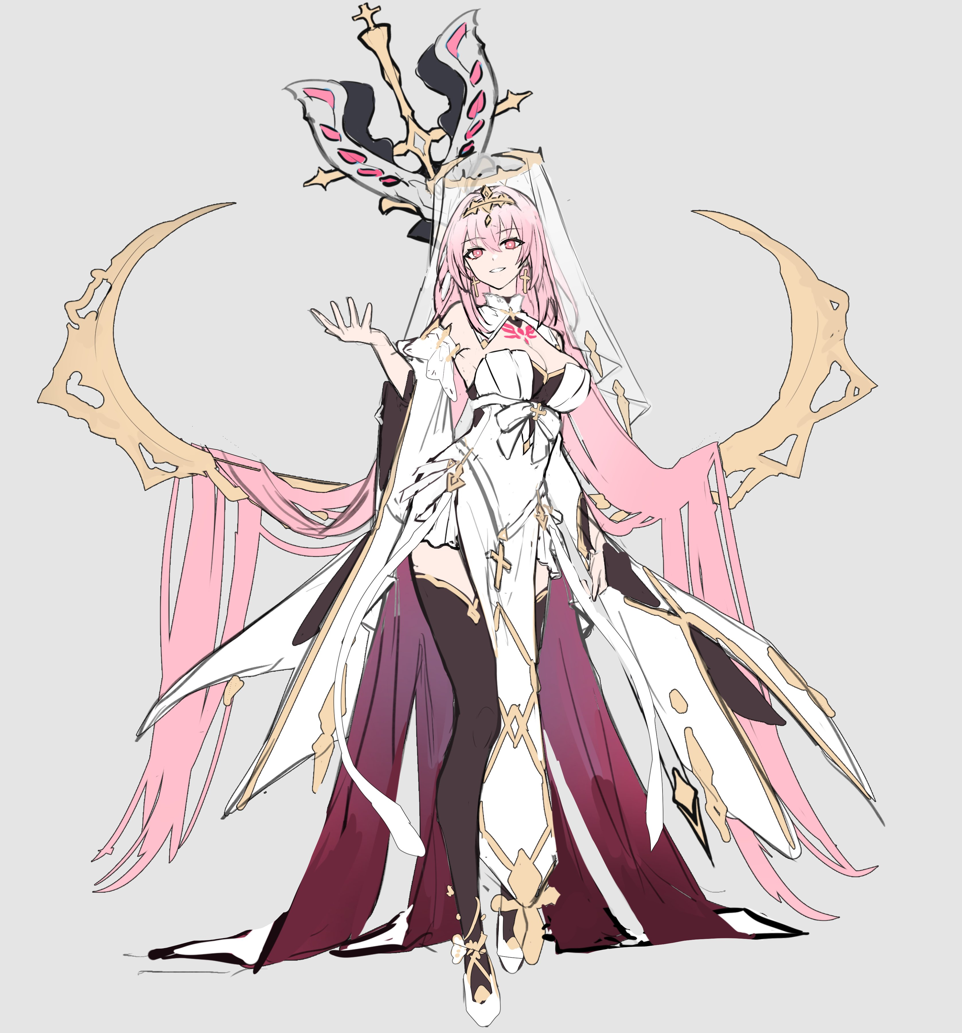 the image depicts a digital illustration of a fictional female character. she has long, flowing pink hair, pale skin, and wears a white dress with gold accents. a flowing white veil covers her head, and a golden halo adorned with intricate black and red designs floats above it. two large, crescentshaped golden ornaments with sharp edges extend from behind her back, framing her figure. she is posed gracefully, with one hand extended outward. her attire, the halo, and the crescent ornaments contribute to a celestial and ethereal aesthetic. the soft lighting enhances the character's delicate features and the flowing elements of her design.