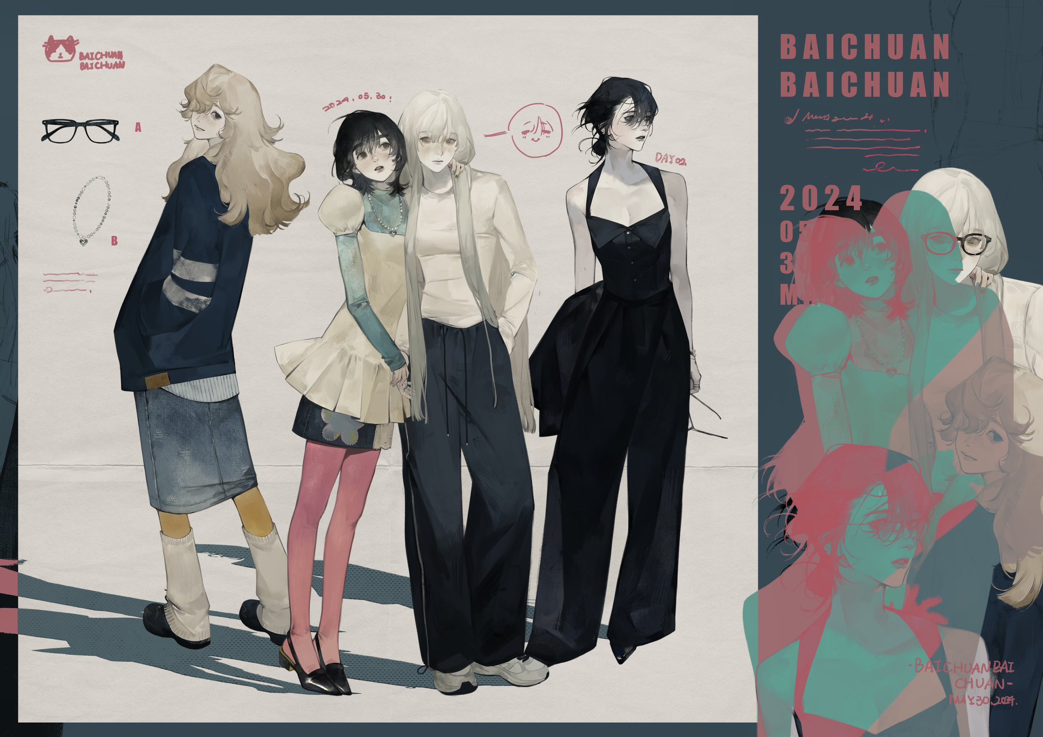 this is an illustration of a group of four anime girls with unique fashion styles. they are all standing in a relaxed and casual pose and looking cool and stylish.