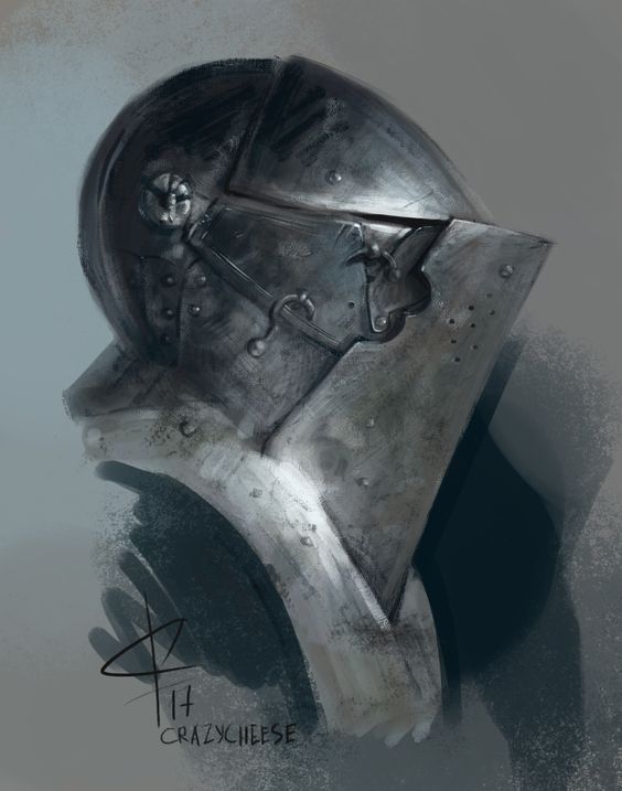 this is a digital sketch of a knight's helmet, rendered in shades of gray. the helmet is detailed and realistic, showing the weight and texture of the metal. the perspective is slightly from below, giving the viewer a sense of looking up at the knight.