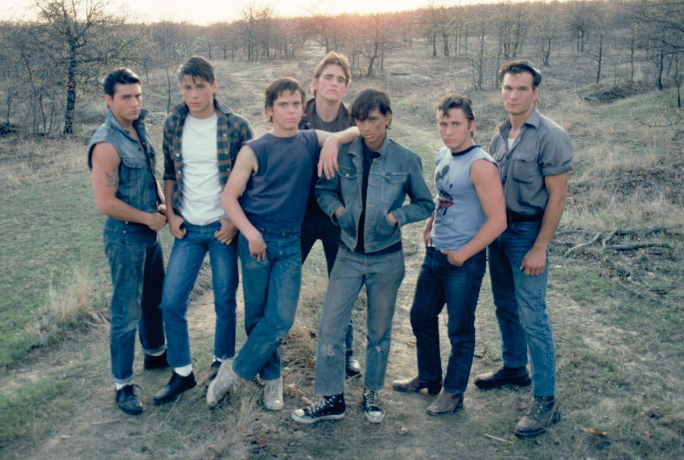 eight young men, dressed in clothing typical of 1950s greasers, stand together in a field.  the sun, low in the sky, casts a warm, golden light on the scene, highlighting the men's denim jeans, leather jackets, and tshirts. the overall mood is one of rebellion, camaraderie, and a touch of nostalgia.  the setting suggests a rural or outskirtsoftown location.