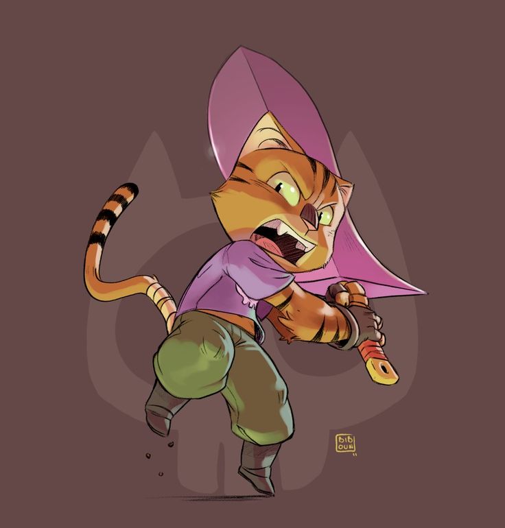 this is a cartoon drawing of a tiger warrior in action. the character is an anthropomorphic cat with orange fur and black stripes, wearing a purple shirt, green pants, a purple hat, and leather boots. the cat is holding a sword and has an angry expression. in the background, there's a silhouette of a cat's head.