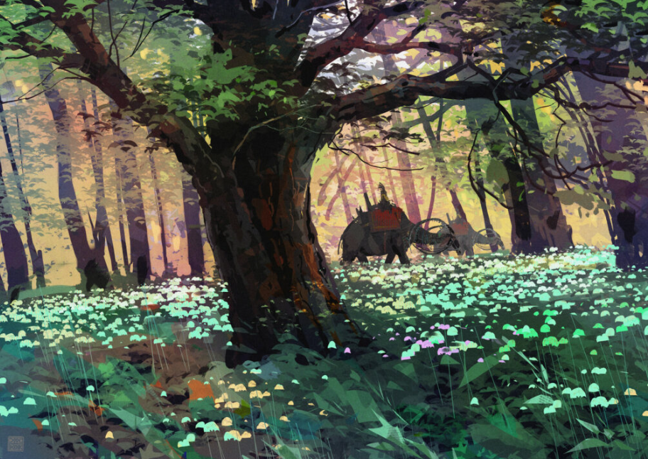 a rider rides a triceratops through a forest filled with white flowers. the lighting is ambient, suggesting it is daytime. the perspective is wide.