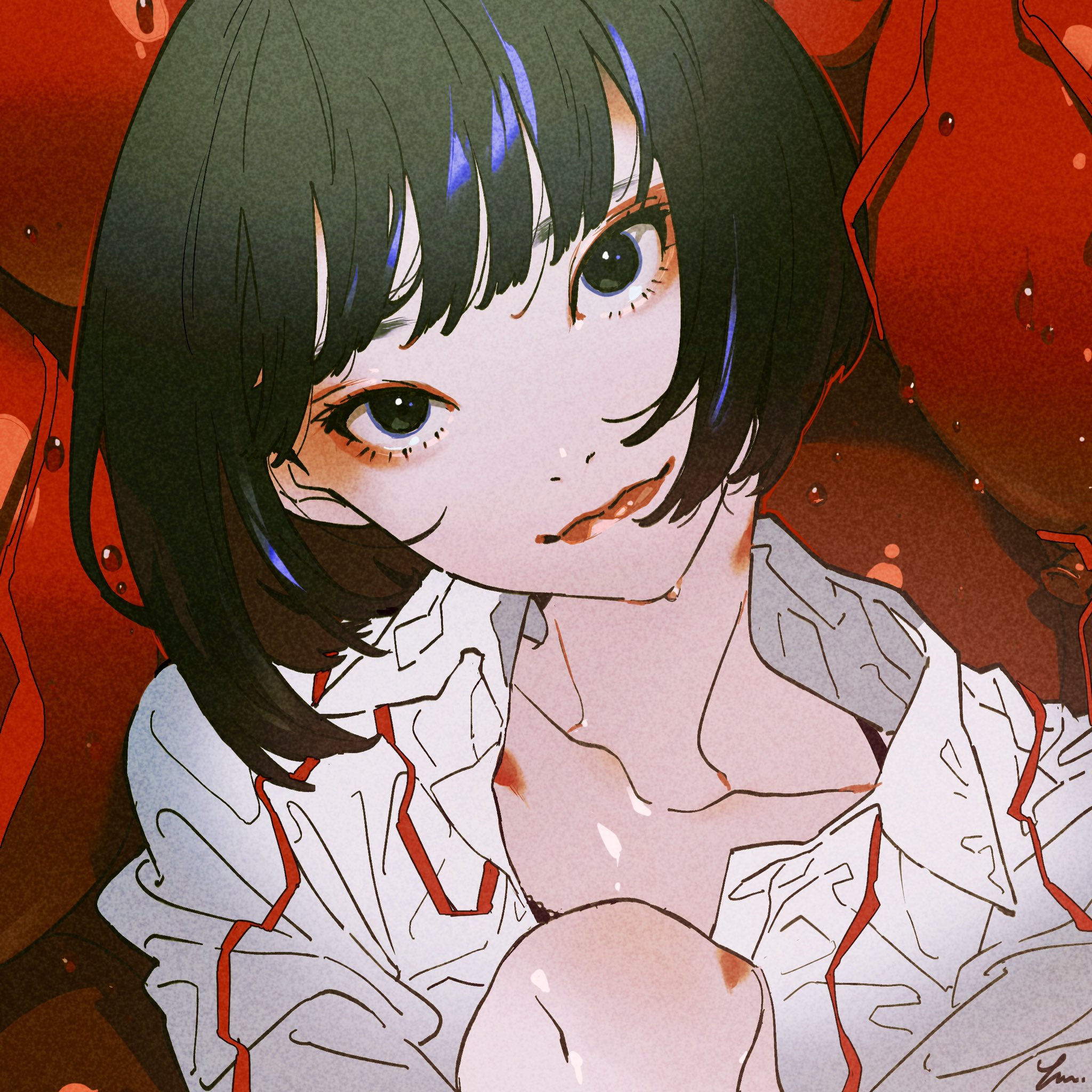 the image is a digital illustration of a young anime girl with short black hair and blue highlights. she has large, expressive blue eyes and a slight smirk.  she is wearing a loose, partially unbuttoned white shirt with red trim. the background is an abstract wash of red tones, possibly representing apples or another fruit.  the overall style is soft and slightly sensual.