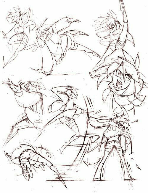 this image is a sketch of multiple anime or manga characters in various poses. it appears to be a scene from a fight or action sequence. the characters are drawn with dynamic lines and expressions that convey a sense of energy and power. one character is holding a sword, while others are in midair or striking poses. the background is simple, allowing the focus to be on the characters and their movements. the overall style of the sketch is loose and energetic, typical of rough drafts for manga or anime.