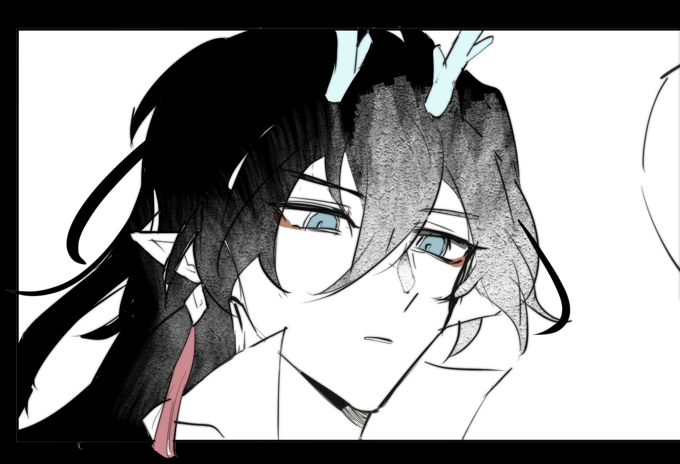 a black and white illustration of a young anime/manga character with black hair and blue eyes. he is looking to the side, with a thoughtful expression. he is wearing a white shirt and has a piece of pink fabric tucked behind his ear.  the background is white and simple.  the image is stylized, with bold lines and heavy shadows. the character has a slightly sad or serious expression.