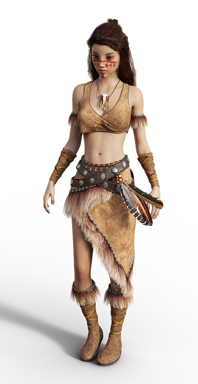 a 3d rendering shows a native american woman dressed in traditional tribal clothing against a black background. she has brown hair and blue eyes, with red face paint on her forehead and chin. she is wearing a tan leather crop top, a brown leather skirt with fur trim, and tan leather boots with fur accents. a necklace with a skull pendant adorns her neck. the skirt is held up by a brown leather belt with silver embellishments. a bundle of feathers hangs from the belt.