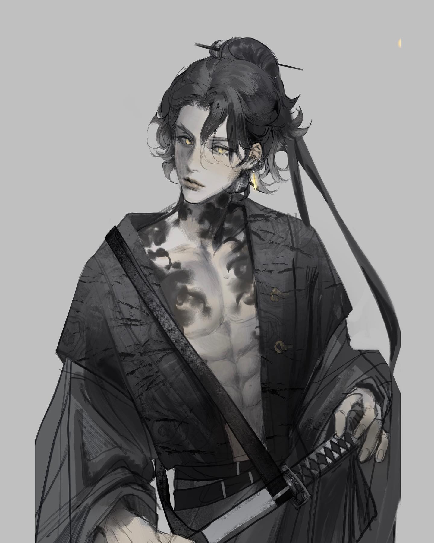 a grayscale digital drawing of a young man with long, dark hair tied back in a high ponytail. he has striking black tattoos that resemble smoke or ink blots, trailing across his chest and shoulder. he wears a dark, loosefitting robelike garment, typical of samurai attire, and a katana is secured at his hip. he appears stoic and serious. the drawing is rendered in a style that suggests both strength and elegance.