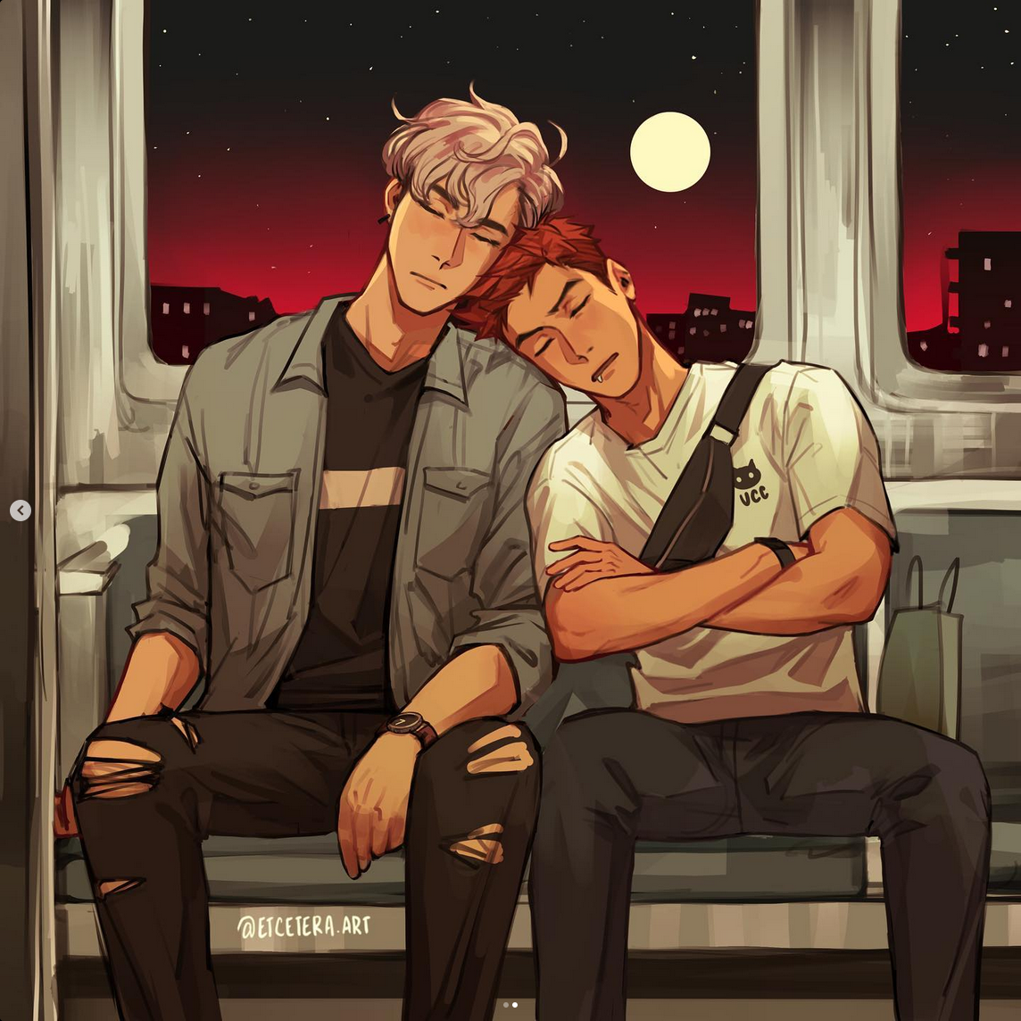 two men, one with red hair and one with gray hair, are sleeping on a subway car at night. the redhaired man is leaning his head on the grayhaired man's shoulder. the window behind them shows a night sky with a full moon and a city skyline.  both men are wearing casual clothing. the redhaired man has his arms crossed, while the grayhaired man has his hands in his lap.