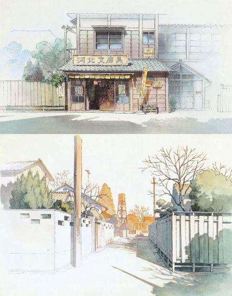 the image is a split image, showing two distinct scenes of a seemingly japanese town, rendered in a beautiful watercolor style reminiscent of anime artwork.  the upper half features a detailed illustration of a small shop front called "河北文房具" (kawakita stationery shop), typical of older japanese architecture. the building is lightcolored wood with a traditional overhanging roof.  the street is largely empty.the lower half depicts a quiet alleyway or residential street.  the houses are lowrise and traditional, with fences and trees visible. there's a water tower in the distance, adding to the calm and slightly nostalgic atmosphere. both scenes are painted with soft, muted colors and delicate shading, creating a serene and peaceful ambiance. the style evokes a sense of quiet contemplation and a feeling of a bygone era.