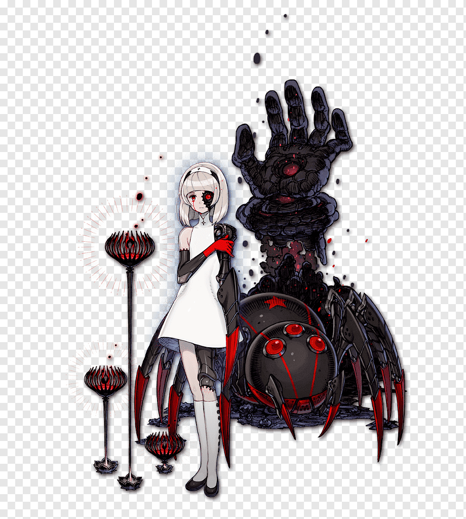 a young girl with short white hair and a white dress stands in front of a large black and red spiderlike monster. the girl has a robotic arm and one red eye, while the monster has multiple red eyes. the monster has a large, menacing hand raised in the air. the background is white.