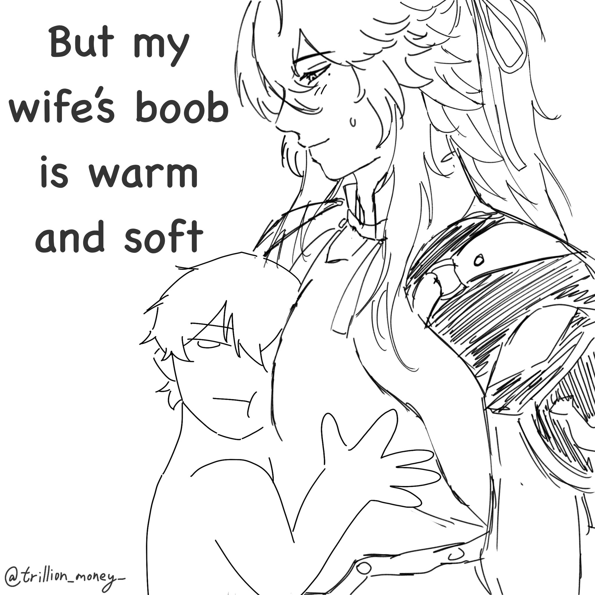 a black and white sketch of an anime couple hugging. the male character