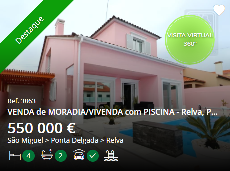 a pink house with a pool in the backyard, with a sign in the front yard that says "venda de moradia/vivenda com piscina  relva, p...".  there is a green checkmark in the lower right corner of the image and a heart icon in the upper right corner.