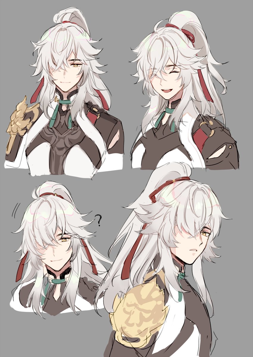 this image contains a drawing of an anime character. there are four different sketches of the character with various facial expressions. the character has long white hair tied back with a red ribbon,  and  is wearing a white, red, and brown outfit with gold accents. the character's eyes are yellow.