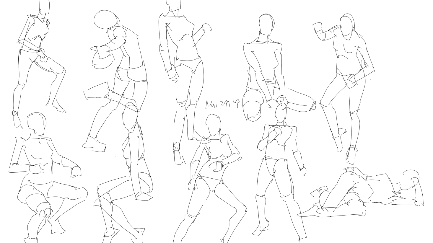 he image contains a collection of quick, expressive figure drawings.  the style is loose and gestural, focusing on capturing movement and posture rather than precise anatomical detail. multiple female figures are depicted in a variety of dynamic poses, some appearing active and others more relaxed. the lines are fluid and continuous, suggesting a rapid sketching process. the date "nov 29, 24" is written in the center, indicating the date of creation. the overall impression is one of spontaneity and energy.
