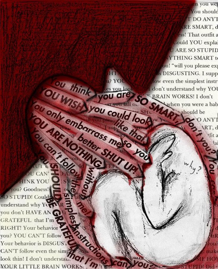 the image depicts a person curled up in a fetal position, surrounded by negative and hurtful words. the words are meant to represent the internalized voices of bullies and negative selftalk that can contribute to mental health issues.  the image is a visual representation of the pain and struggle that can be experienced by those who are victims of bullying or who are struggling with their own selfesteem.
