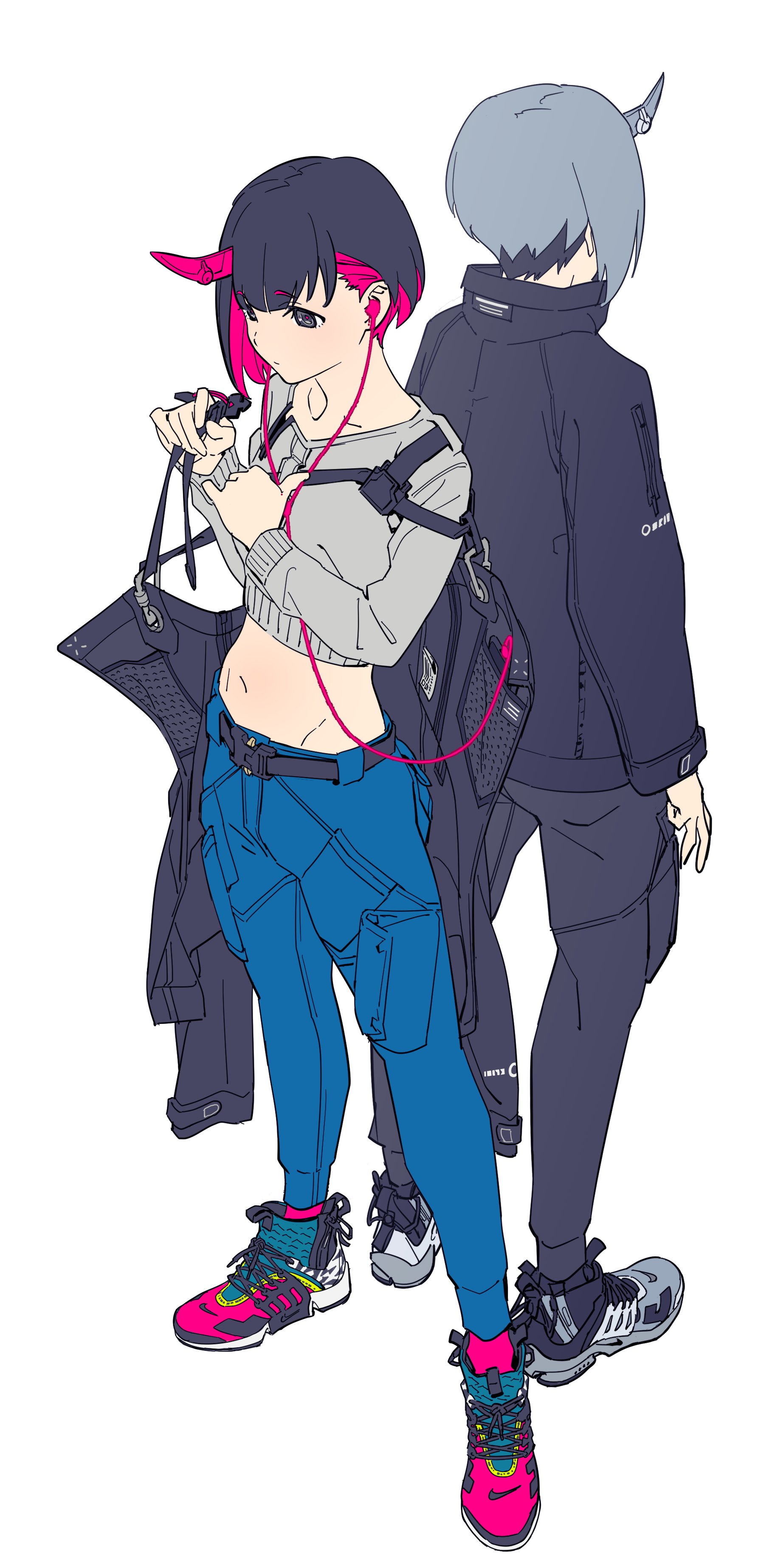 he illustration showcases two animestyle girls, standing sidebyside. the girl in the foreground is dressed in blue pants, a grey sweater, and pink sneakers, while accessorizing with headphones and a black jacket draped over her arm. the girl behind her sports a dark grey jacket and sneakers. both girls feature distinctive horns and unique hairstyles. the overall style is trendy and urban, reflecting a casual streetwear aesthetic, complete with detailed clothing and footwear. the art style is a combination of line art and color, creating a vivid and stylish image.