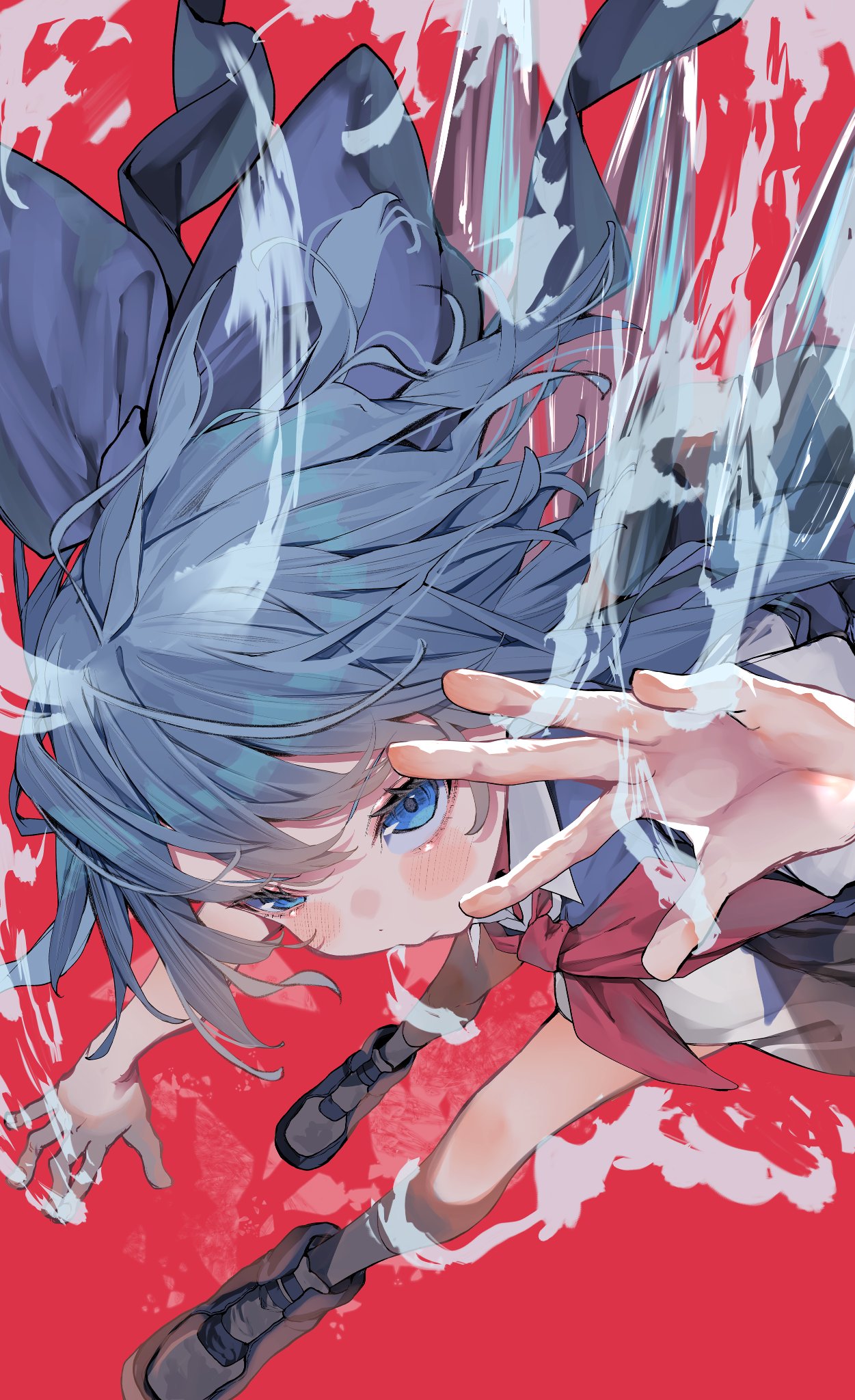 the image is a vibrant digital illustration in the style of anime or manga. it features a young girl with long, flowing blue hair,  wearing a school uniform consisting of a short skirt and a red tie. she's depicted in a dynamic, almost falling or flying pose, surrounded by a water effect or splash that creates a sense of motion and energy. the background is a solid, bold red, which contrasts with her blue hair and uniform, and the white splashes. her expression is energetic and slightly distressed. the overall style is detailed and realistic within the context of animeinfluenced illustration. the artist uses bold colors and sharp lines to create an eyecatching composition.