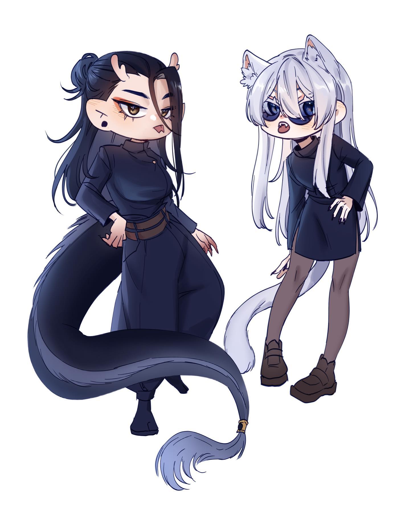 the image shows two anime girls in chibi style, standing sidebyside. the girl on the left has black hair, a long blue tail, and a dark blue outfit. she has dark eyes and a black nose ring. her expression is serious. the girl on the right has long white hair, white cat ears and a white tail, and a dark blue outfit. she's wearing sunglasses and has a surprised expression.