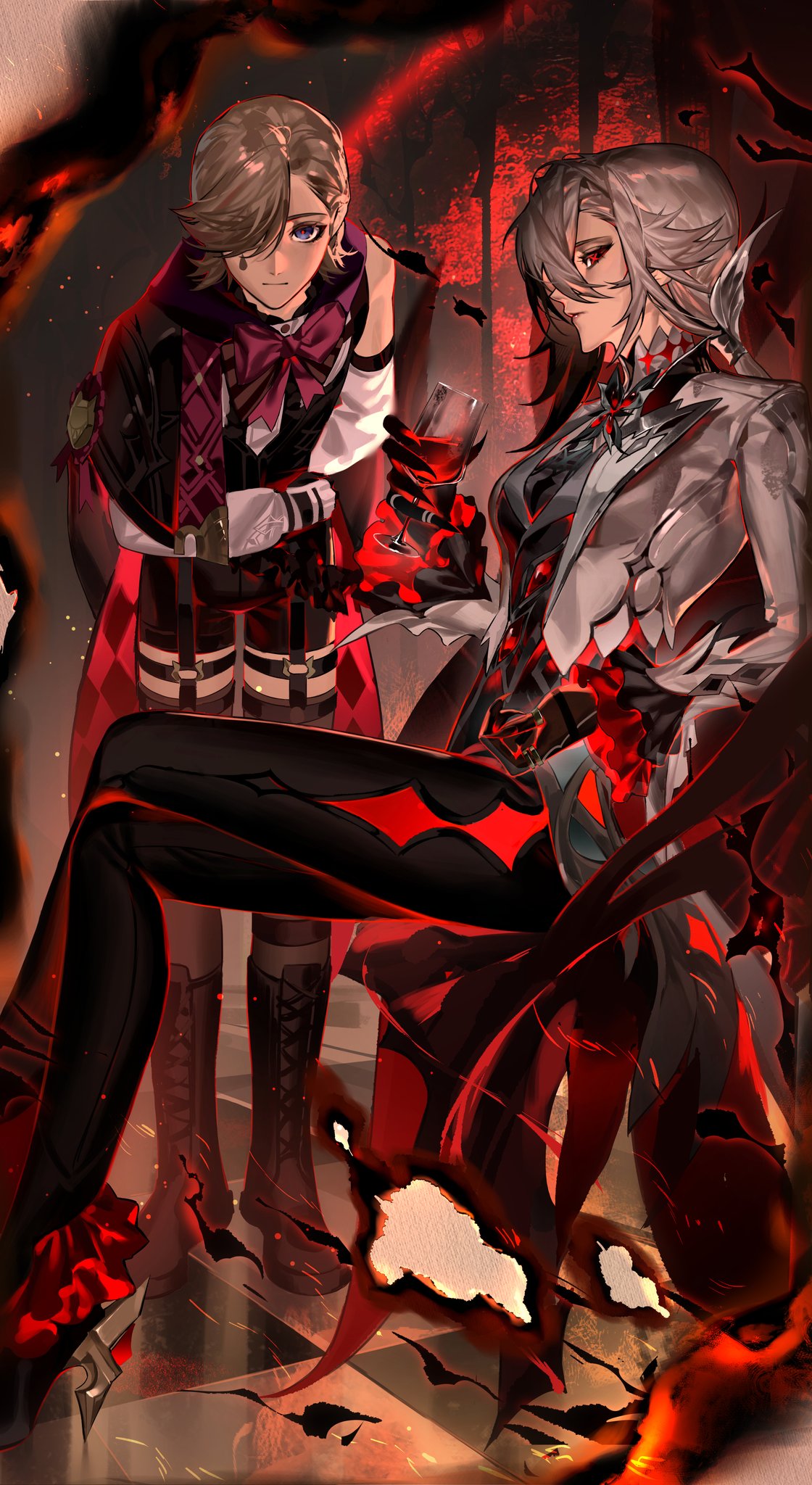 two anime characters standing in front of a red and black background. the female character is wearing a white shirt and a long black cape, with a sword attached to her hip. the male character is wearing a red and black outfit with a cape. the female character is holding the male character's hand and is looking at something off screen. the male character is looking at the camera, his expression is serious. the background is filled with fiery red and black colors.