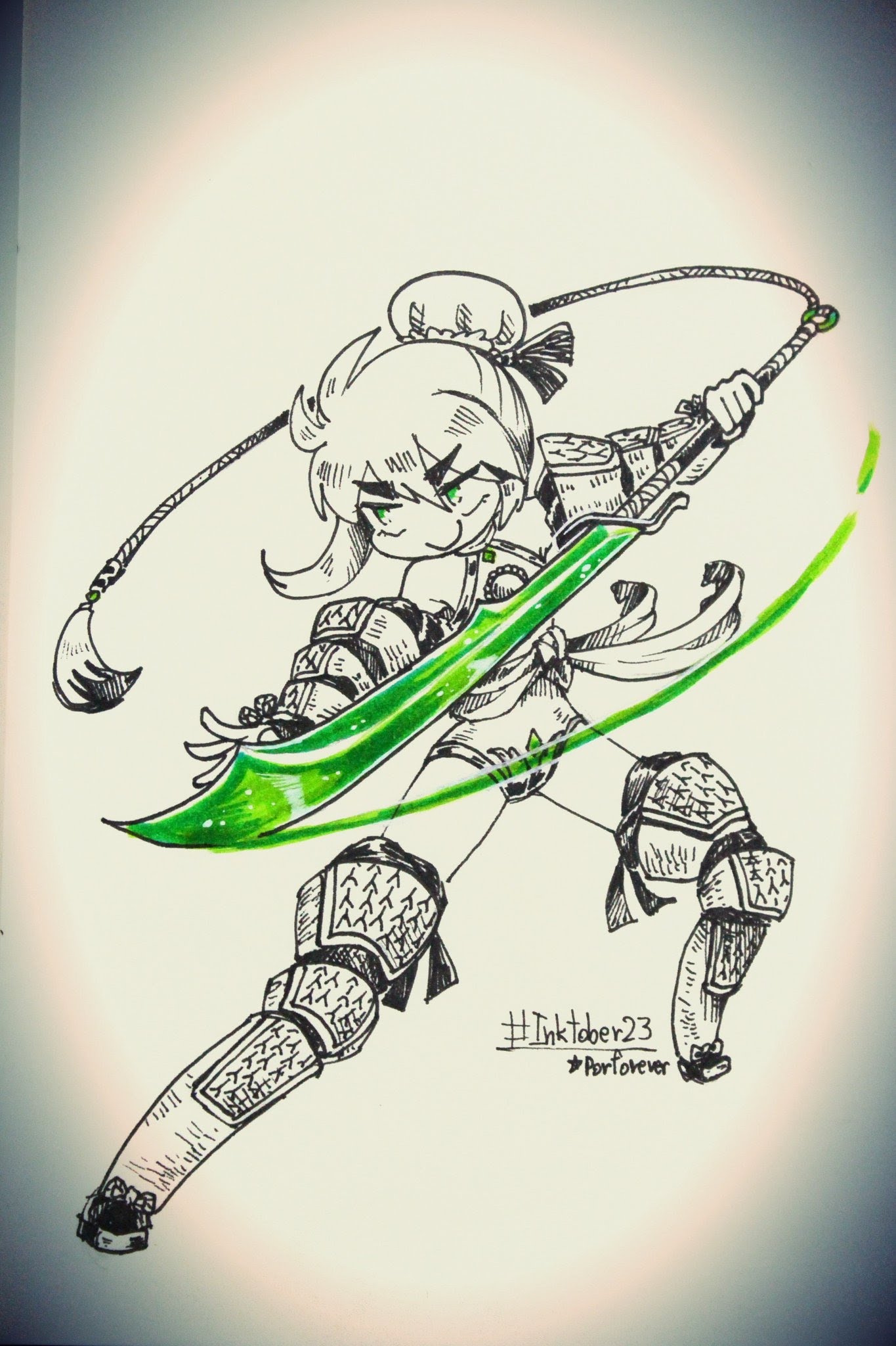 an animestyle illustration of a girl warrior in a black and white style with a green sword and green highlights on the weapon and a green swoosh behind the character. the art is made using ink and has the hashtag inktober 23 and porforever. the image shows a female warrior with a sword and a determined expression, ready for battle. the girl is wearing armor and is posed as if she is about to strike. the green sword is the most prominent element of the illustration.