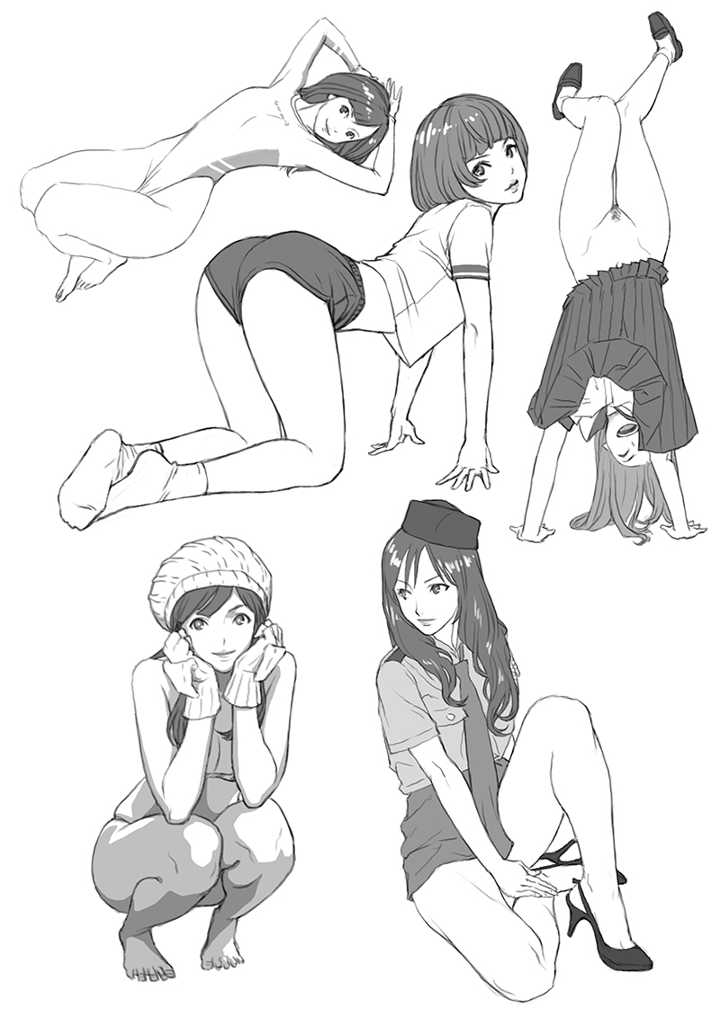 this black and white animestyle illustration features four female characters in various poses, each with a unique style and expression. the top left character, with her long hair tied up, is wearing a onepiece leotard and appears to be stretching or doing a yoga pose. the top right character, with her hair in a ponytail, is wearing a school uniform and is in a handstand position. the bottom left character is sitting on her haunches, with her hat and gloves on, wearing a casual outfit. finally, the bottom right character, also wearing a school uniform, is sitting with her legs crossed, looking directly at the viewer. all four characters exhibit different styles and expressions, showcasing the artist's ability to portray a range of moods and personalities. the drawing style is clean and detailed, creating a realistic and engaging aesthetic. the use of black and white adds to the minimalist appeal and emphasizes the details of the characters and their outfits.
