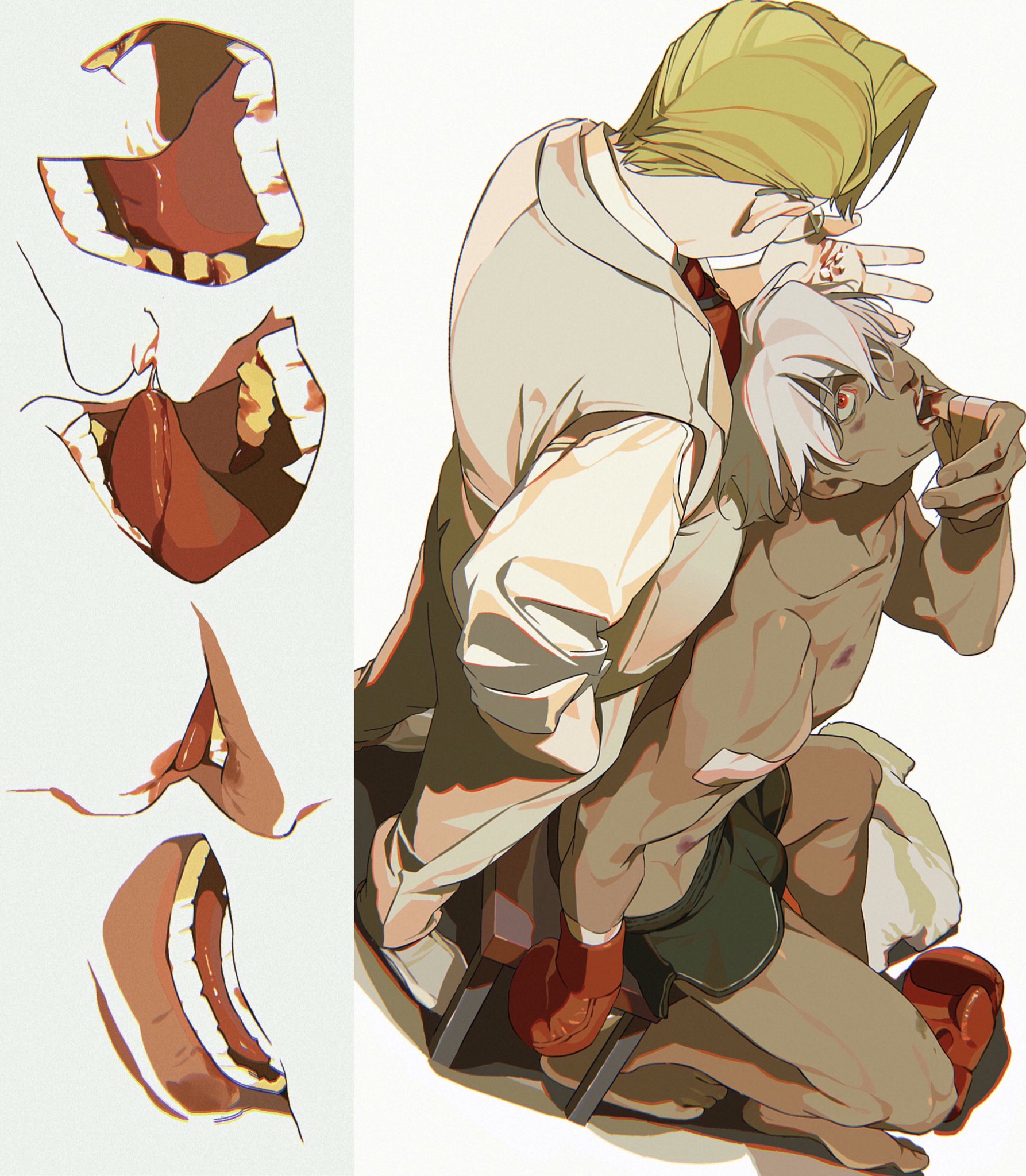 the image features an animestyle drawing of a boxer being tended to by his coach. the boxer, wearing boxing gloves and shorts, sits on a stool while the coach, dressed in a white coat, attends to a wound on his face. a towel is draped over the boxer's shoulders. to the left, there are illustrative studies of mouths in various expressions.