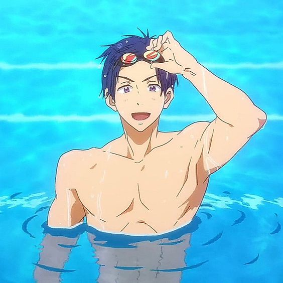 the image features a shirtless, muscular anime character with blue hair partially submerged in a bright blue pool. he's smiling and pushing up his swim goggles with one hand. the lighting suggests a sunny, outdoor setting.