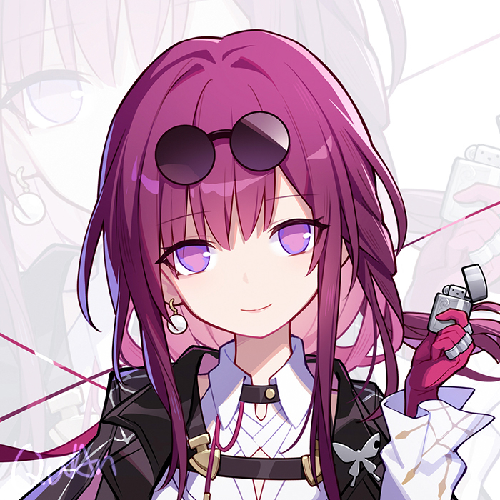 an anime girl with long purple hair, sunglasses, a white shirt and a black jacket is holding a lighter in her right hand. she is looking at the viewer and has a cute expression on her face. she is wearing red gloves. the image is a digital illustration.