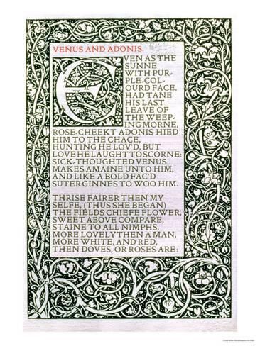 the image is a vintage illustration from a book of shakespeare's "venus and adonis." the illustration depicts a floral frame surrounding a poem about venus and adonis. the poem is written in a classic font with intricate lettering and is set against a backdrop of lush greenery and flowers. the illustration evokes a sense of love, beauty, and nature, while also showcasing the intricate detail and artistry of vintage book illustrations.