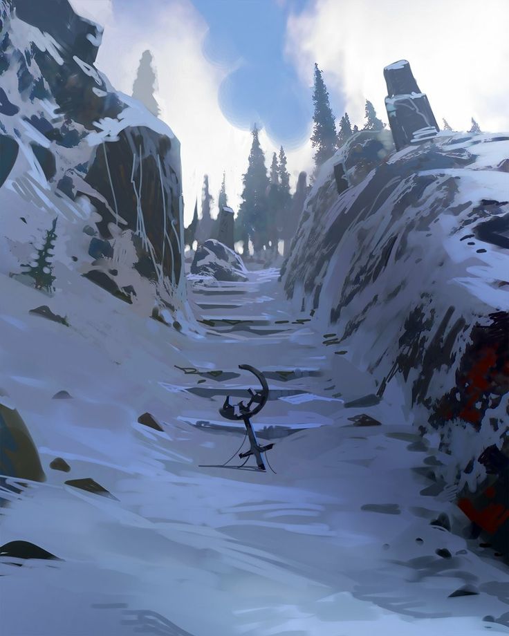 a snowy mountainous path cuts through a snowy forest. the path is carved between two rocky cliffs, one of which has a strange, almost skeletallike metal object embedded within the rock. it is a cold, winter scene with a hint of mystery.