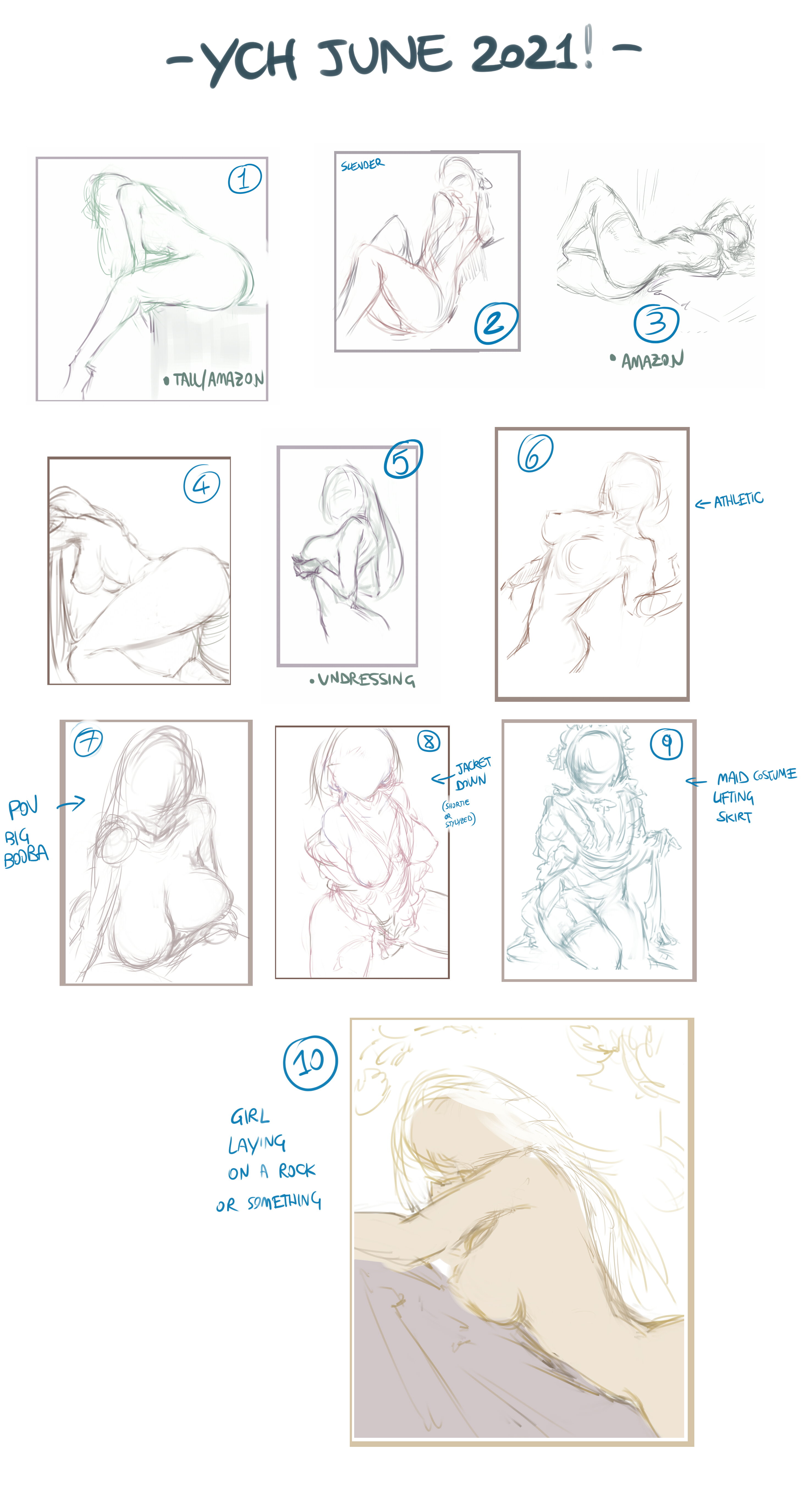 the image is a digital sketch page with 10 different pose references for a "your character here" (ych) art commission offering. each pose is numbered and some have additional notes written on them, such as "tail/amazon," "undressing," or "mad scientist lifting skirt." the poses generally feature a woman in various states of undress and positions. there's a larger sketch at the bottom, potentially a more finished example based on one of the pose ideas.