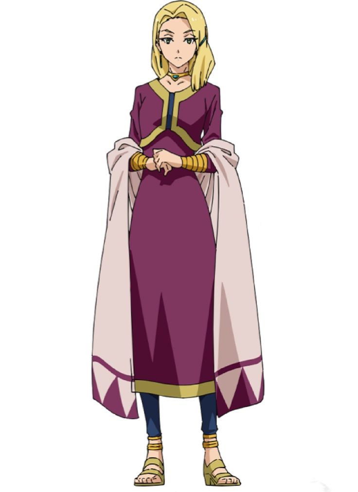 the image is a cartoon illustration of a woman standing in a purple dress with gold trim and jewelry. she has blonde hair, green eyes, and sandals. she is standing on a white background.