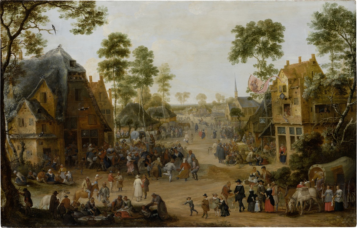 the image is a painting depicting a lively village festival. a large crowd of people is gathered in the center of the village, with some dancing and others conversing. the houses are quaint and oldfashioned, and the scene is framed by trees on either side. a church is visible in the background, and a banner hangs from one of the buildings. people ride animals, suggesting a rural setting. the painting captures a festive and vibrant atmosphere, depicting a lively and busy scene of village life.