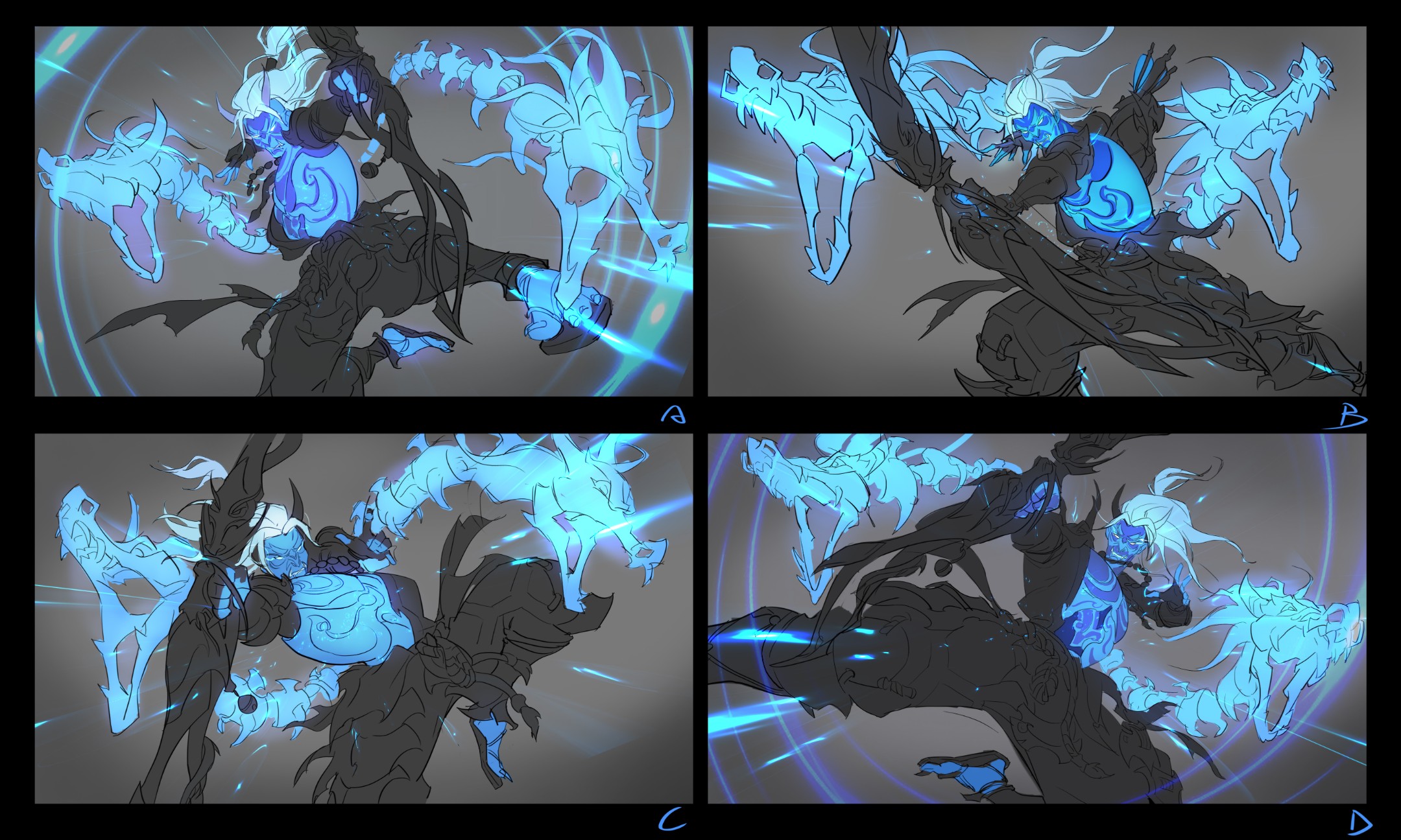 this image is a series of sketches depicting a warrior character in various poses. the character is dressed in black with blue accents and appears to be wielding two dragonlike creatures as weapons. the sketches are done in a dynamic style with strong lines and a sense of action and energy.