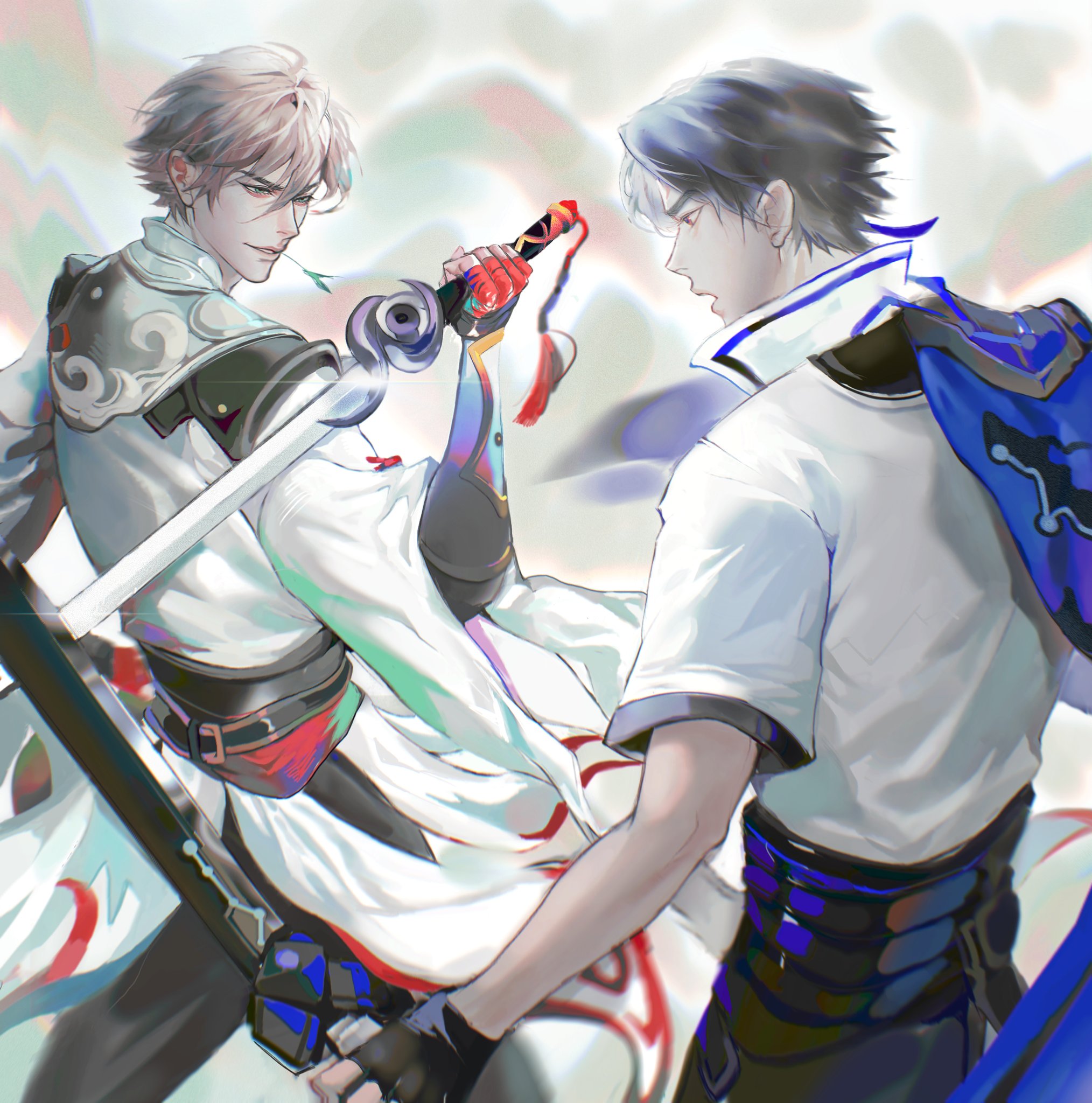 an anime illustration of two male warriors fighting. the warrior on the left is wearing white and red clothing and wielding a sword, while the warrior on the right is wearing white and blue clothing and doesn't appear to have a weapon. the background is a blurry mix of white, blue, and red.
